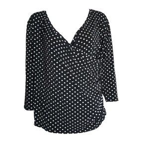 Evie Top Womens Plus Size 1X Black White Polka Dot 3/4‎ Sleeve Pullover